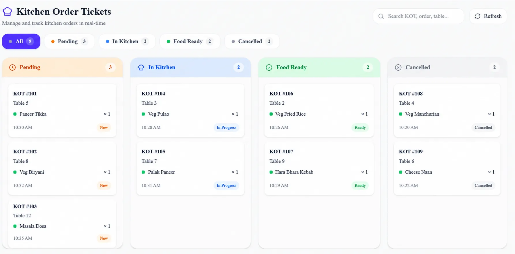 TufTable Kitchen Order Tickets (KOT) — Live kitchen tracking and order management system